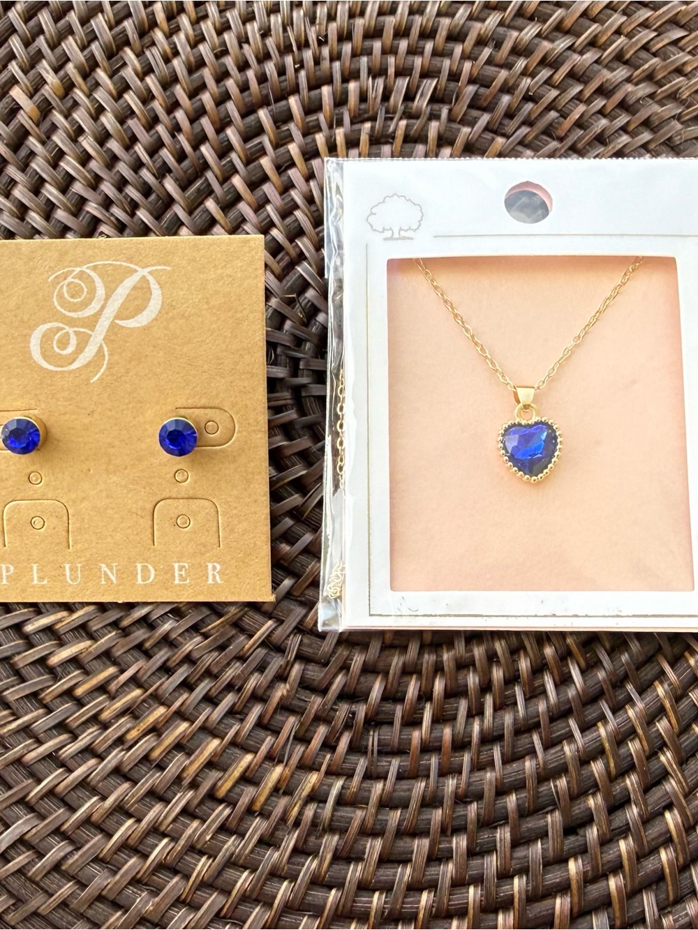 Plunder Gold Heart Necklace with Royal Blue Stone and Earrings